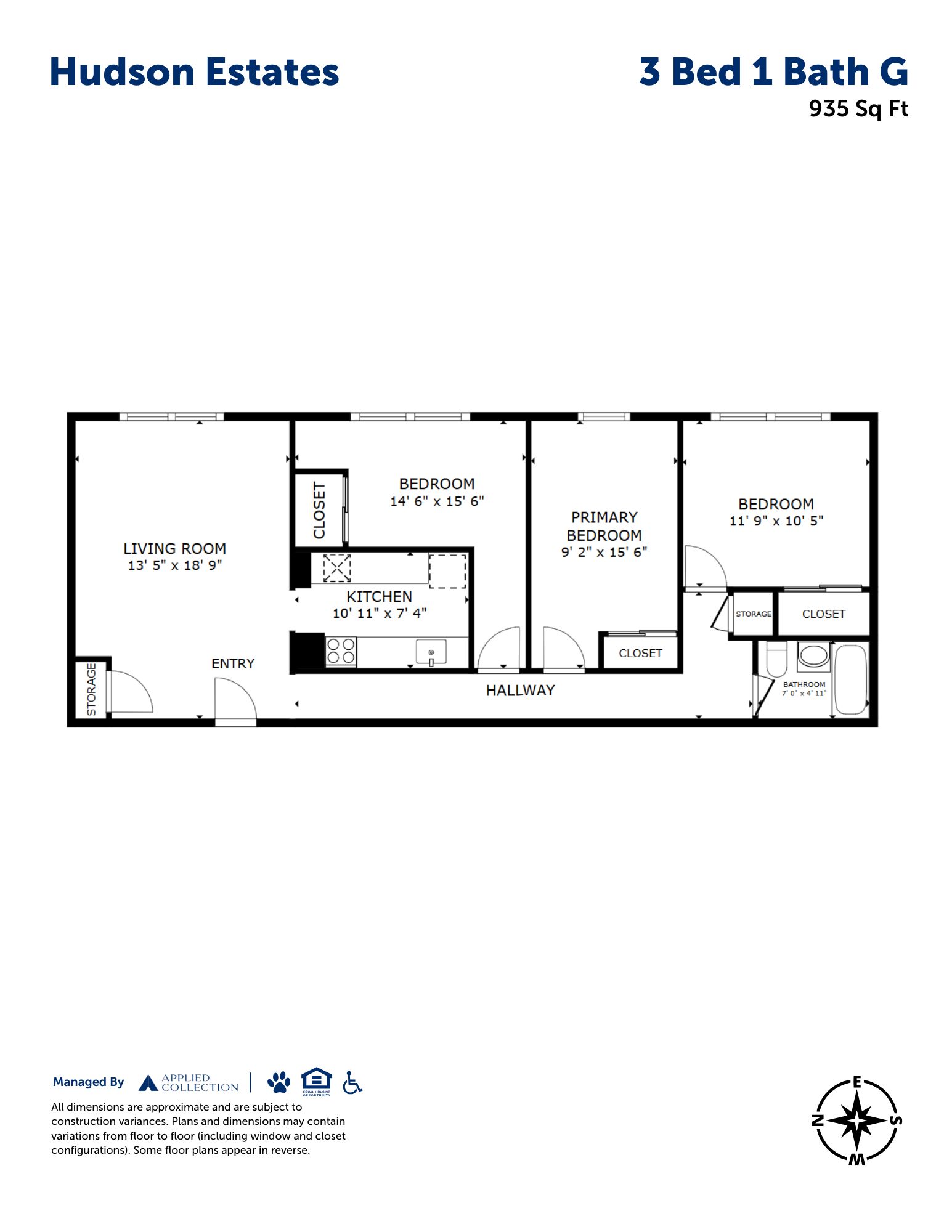 Floor plan for 3 beds, 1 bath, 935 sqft